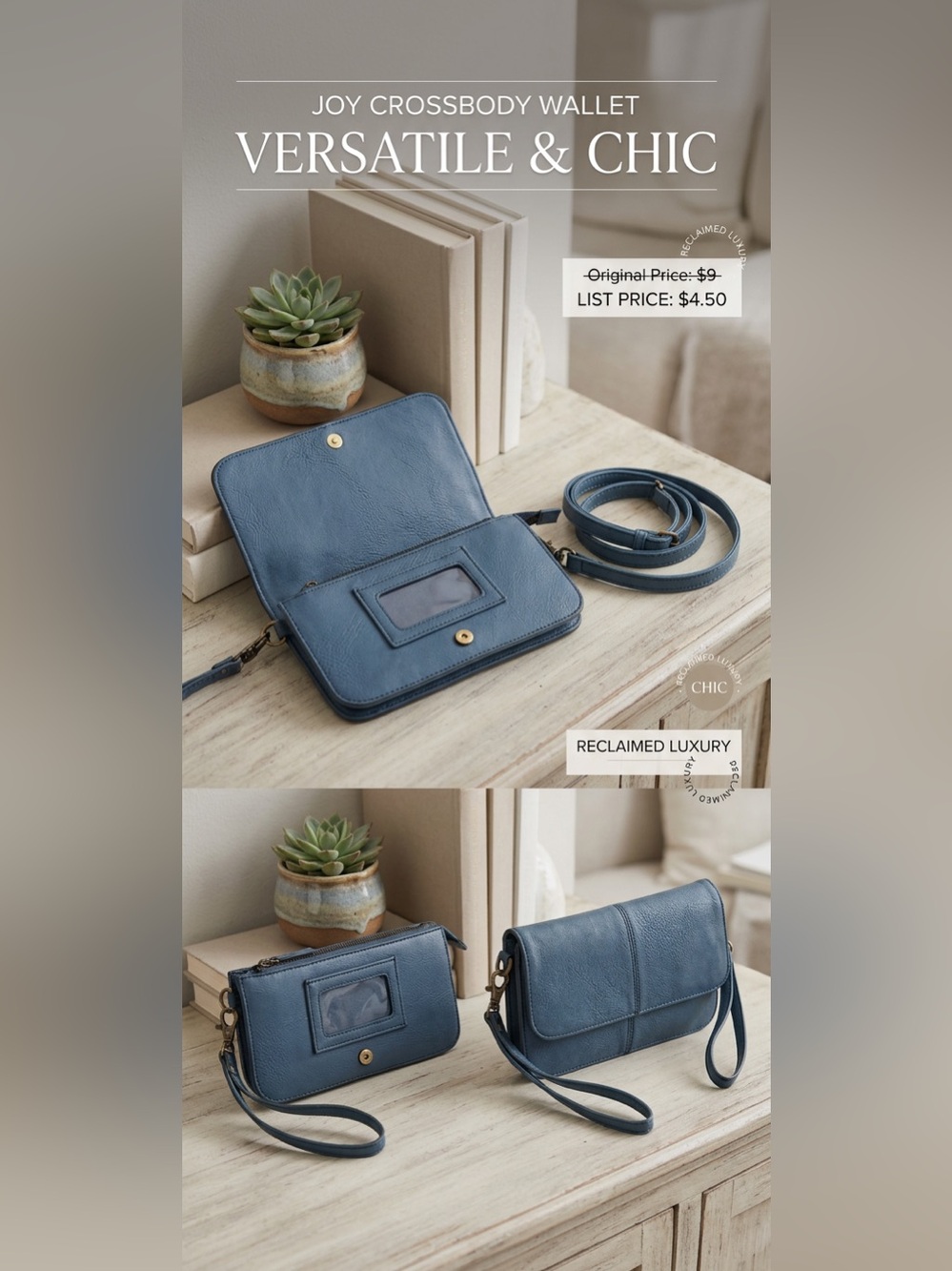 Joy Adjustable Strap Crossbody Wallet W/Optional Wristlet. Blue.